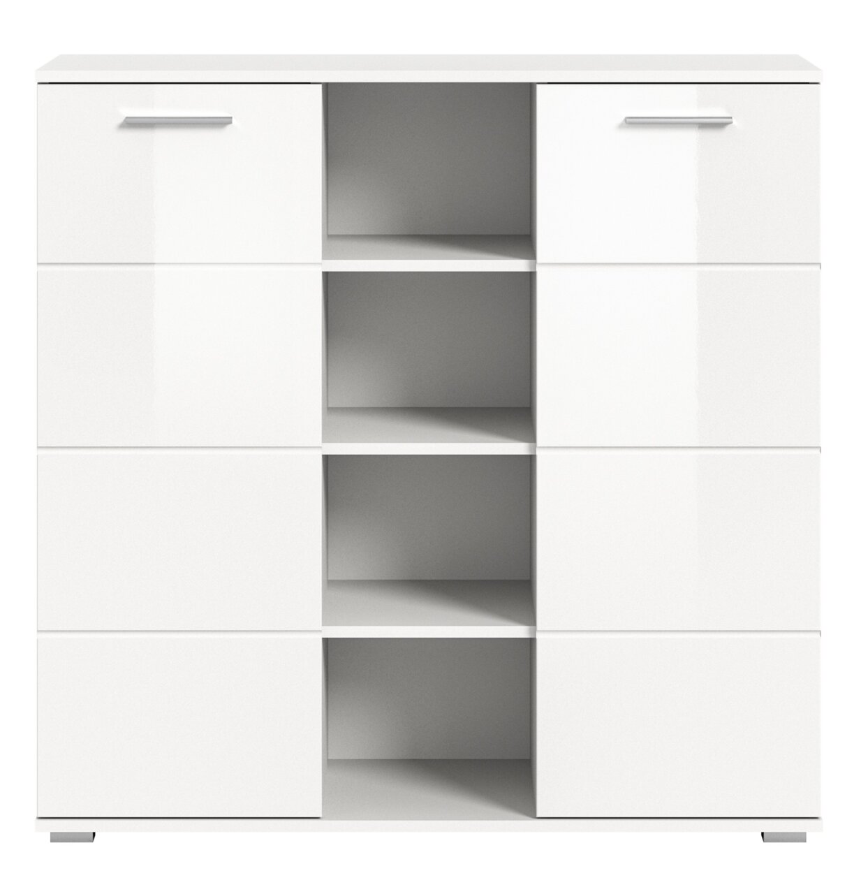 Weiße Kommode mit mehreren Schubladen und offenen Fächern, frontale Ansicht