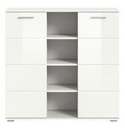 Weiße Kommode mit mehreren Schubladen und offenen Fächern, frontale Ansicht