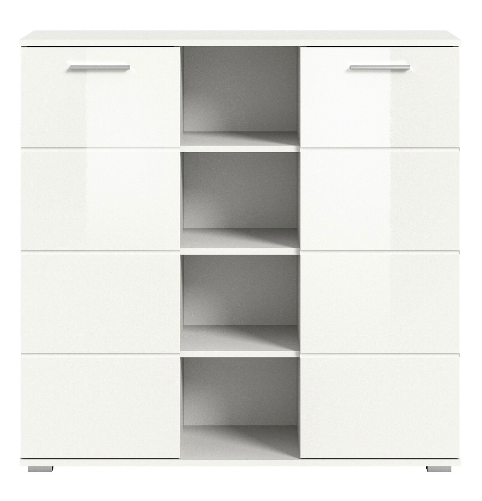 Weiße Kommode mit mehreren Schubladen und offenen Fächern, frontale Ansicht