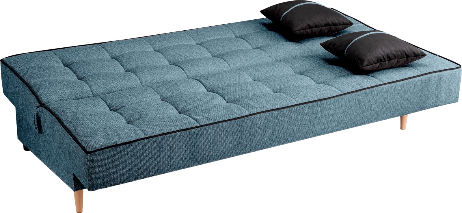 Schlafsofa 3 Sitzer in blauer Farbe mit zwei schwarzen Kissen, seitliche Perspektive