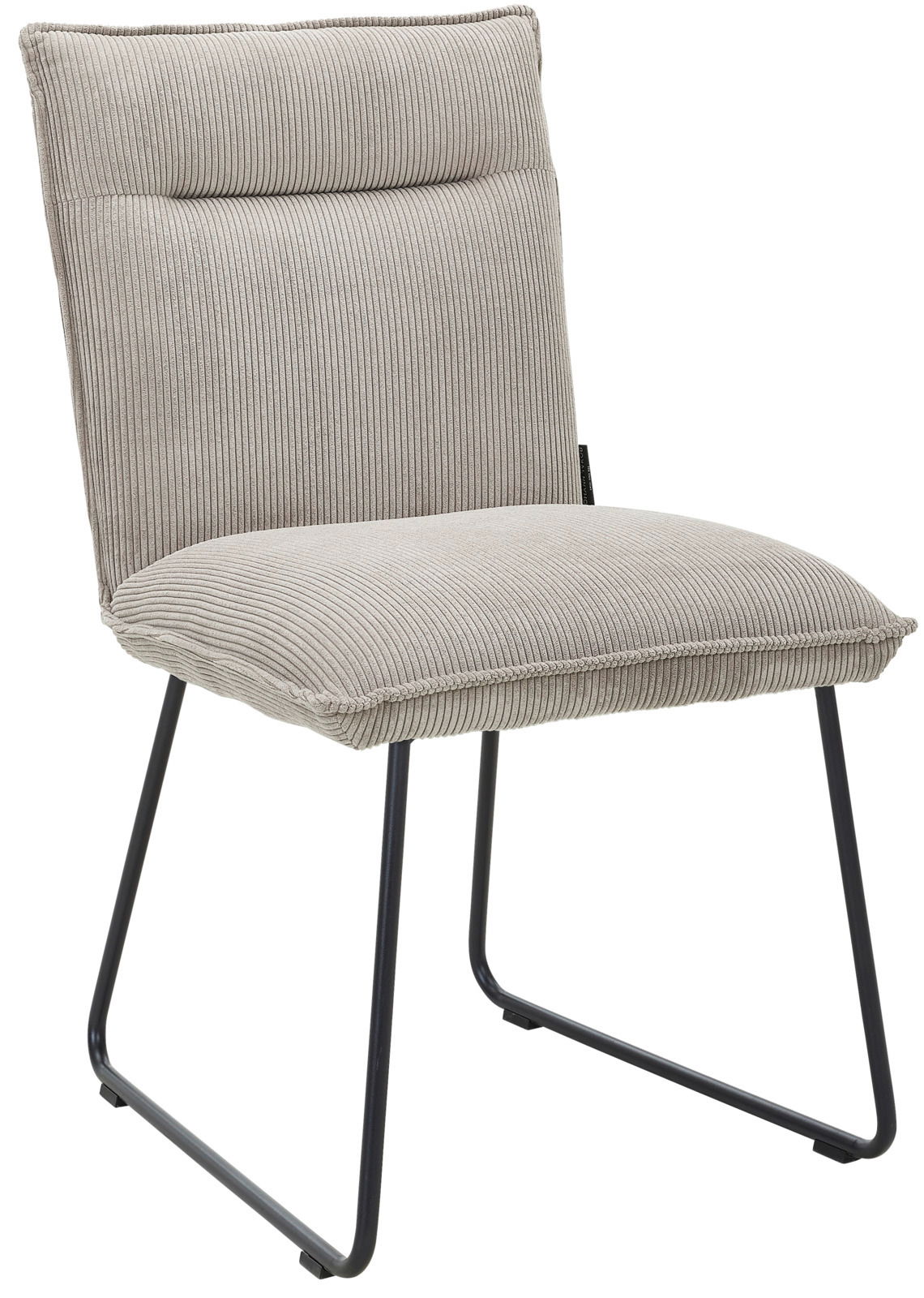 Moderner Stuhl mit grauem, geripptem Stoffbezug und schwarzen Metallbeinen, seitliche Perspektive