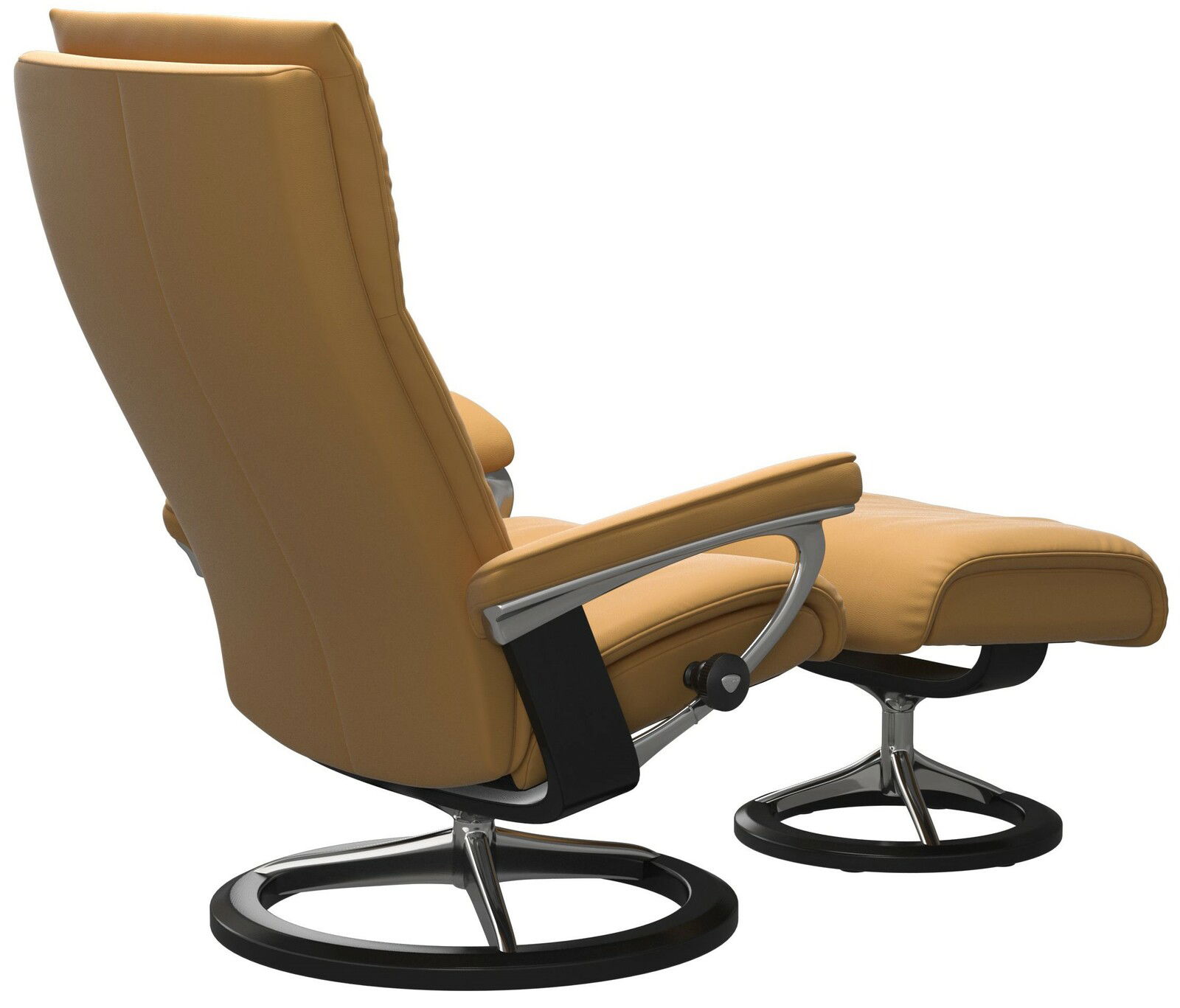 Bequemer Einzelsessel mit Hocker in seitlicher Perspektive, modernes Design, braunes Leder, verchromtes Gestell.