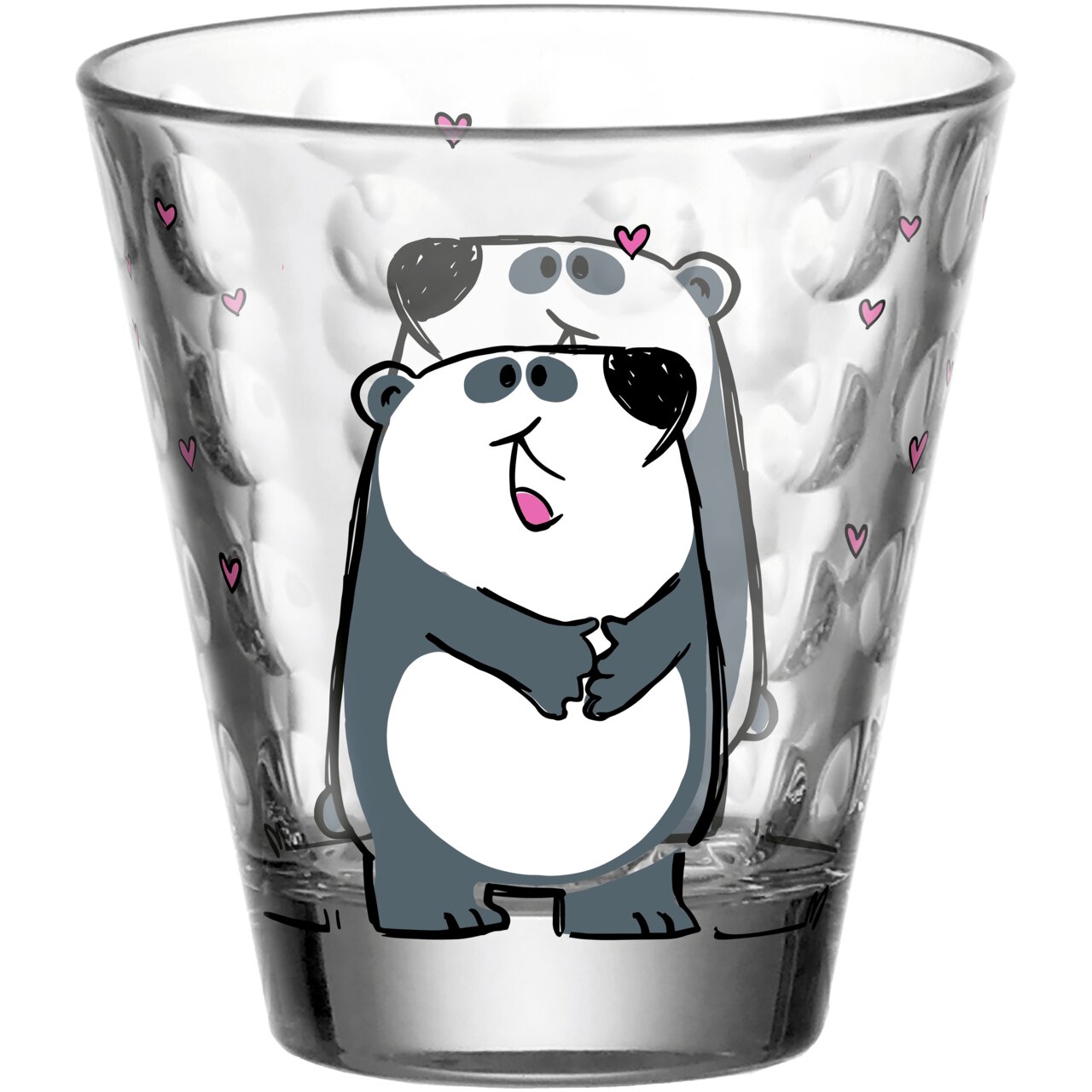 Glazen beker met schattig bermotief en kleine roze hartjes, vooraanzicht