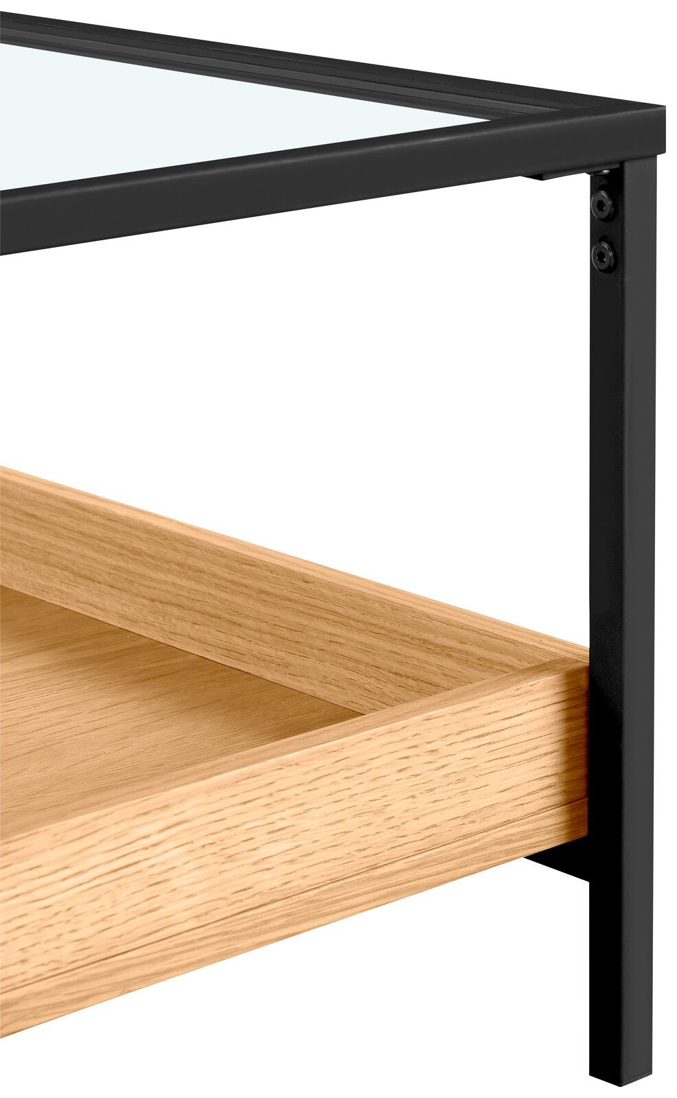 Detailansicht eines Couchtisches mit schwarzem Metallrahmen und Holzablage.
