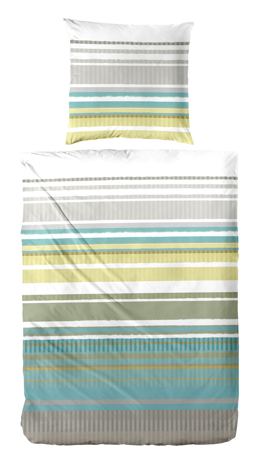 Bettwäsche-Set mit Streifenmuster in Grün-, Blau- und Grautönen, Draufsicht