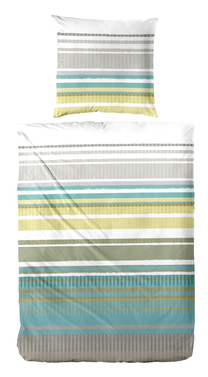 Bettwäsche-Set mit Streifenmuster in Grün-, Blau- und Grautönen, Draufsicht