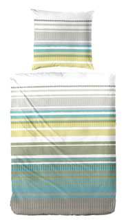 Bettwäsche-Set mit Streifenmuster in Grün-, Blau- und Grautönen, Draufsicht