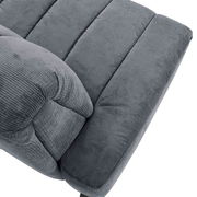 Nahaufnahme einer grauen 2er-Sitzbank aus Stoff in diagonaler Perspektive