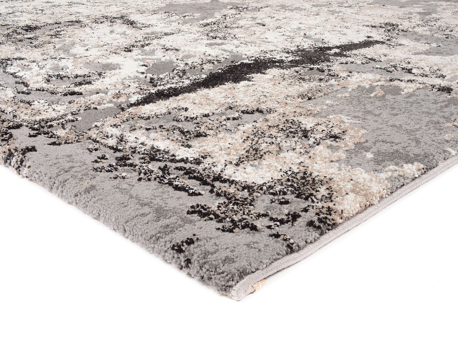 Nahaufnahme eines modernen Teppichs Juwel Liray in Grau- und Beigetönen, Perspektive von der Seite