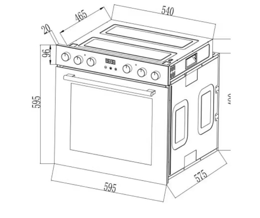Technische Maßzeichnung eines Einbau-Backofens mit Kochfeld in isometrischer Vorderansicht (schräg von vorne), mit eingezeichneten Abmessungen.