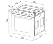 Technische Maßzeichnung eines Einbau-Backofens mit Kochfeld in isometrischer Vorderansicht (schräg von vorne), mit eingezeichneten Abmessungen.