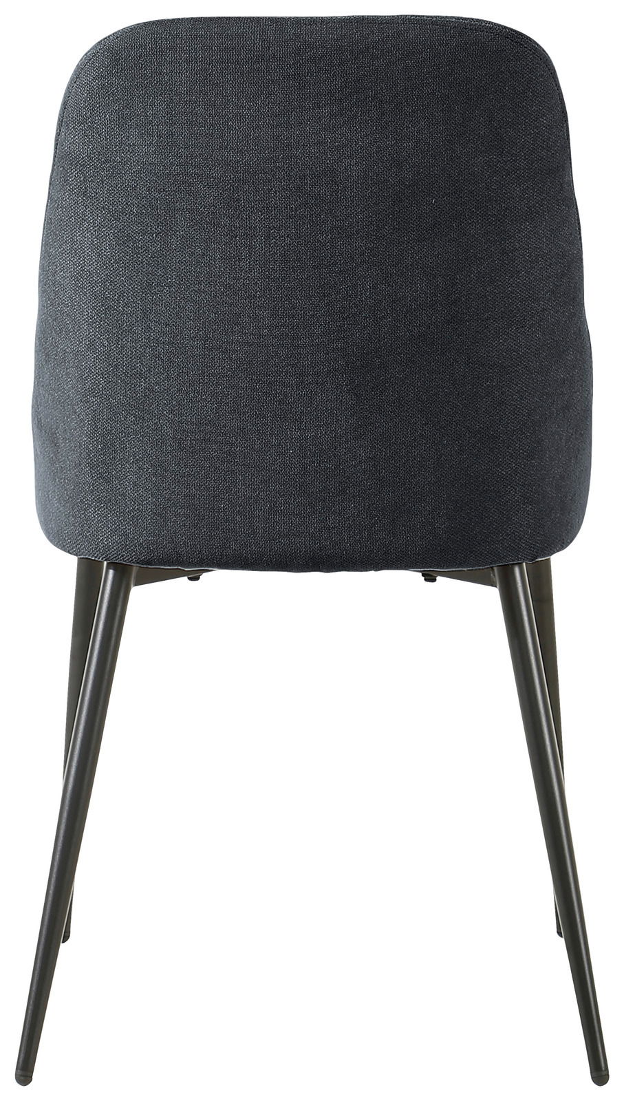 Rückansicht eines modernen Stuhls mit dunklem Stoffbezug und schlanken Metallbeinen.