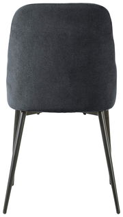 Rückansicht eines modernen Stuhls mit dunklem Stoffbezug und schlanken Metallbeinen.