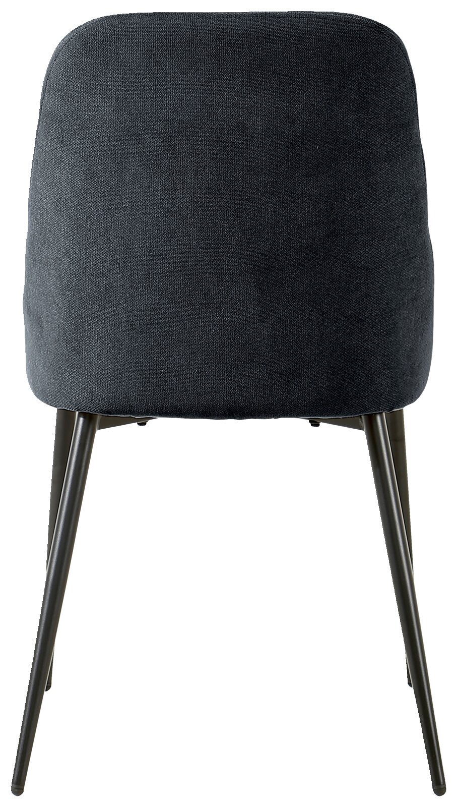 Achterkant van een moderne stoel met een donkere stoffen bekleding en slanke metalen poten.