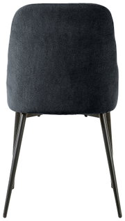 Achterkant van een moderne stoel met een donkere stoffen bekleding en slanke metalen poten.