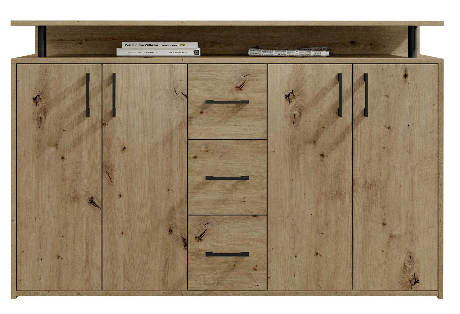 Frontale Ansicht eines Sideboards aus hellem Holz mit vier Türen und drei Schubladen, schwarzen Griffen und einer offenen Ablagefläche oben.