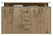 Vooraanzicht van een dressoir van licht hout met vier deuren en drie lades, zwarte handgrepen en een open legplank bovenaan.