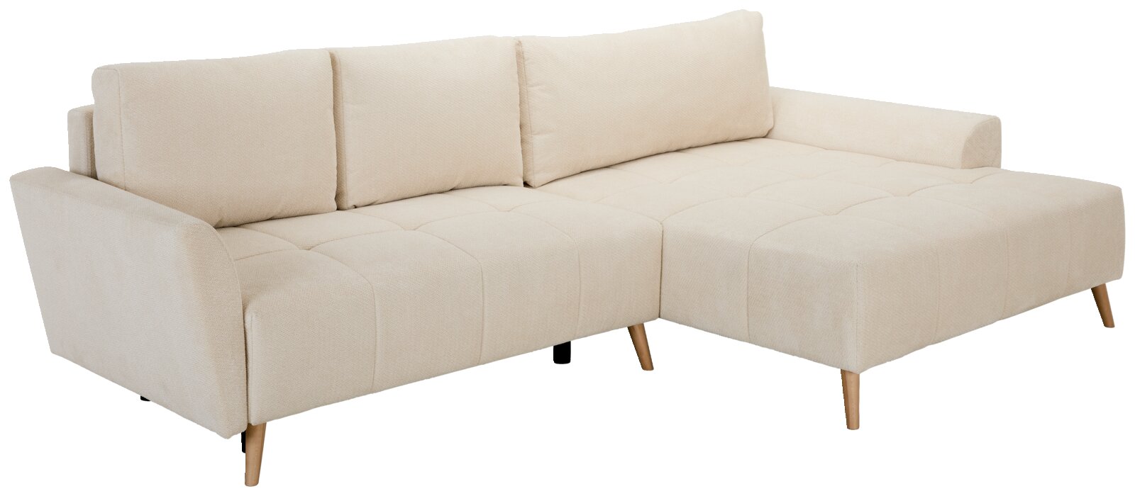 Z2 Ecksofa ZELDA Beiges L-förmiges Ecksofa mit Chaiselongue rechts, gesteppten Sitzflächen und Holzfüßen, Ansicht schräg von vorne links