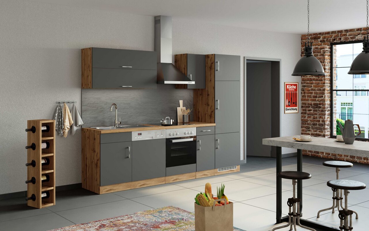 Held Möbel Küchenzeile SORRENTO Moderne Küchenzeile in grauer und holzfarbener Optik mit Herd, Spüle und Dunstabzugshaube, seitliche Perspektive