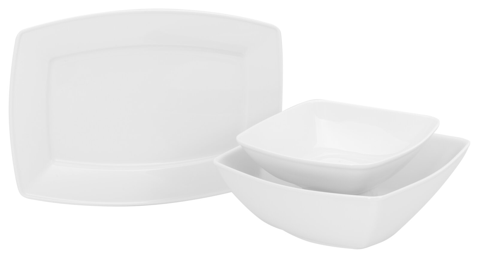 Creatable Servierset 3-tlg VICTORIA Weißes, quadratisches Geschirrset mit großem Servierteller und zwei passenden Schalen, schräg von vorne in leichter Draufsicht fotografiert