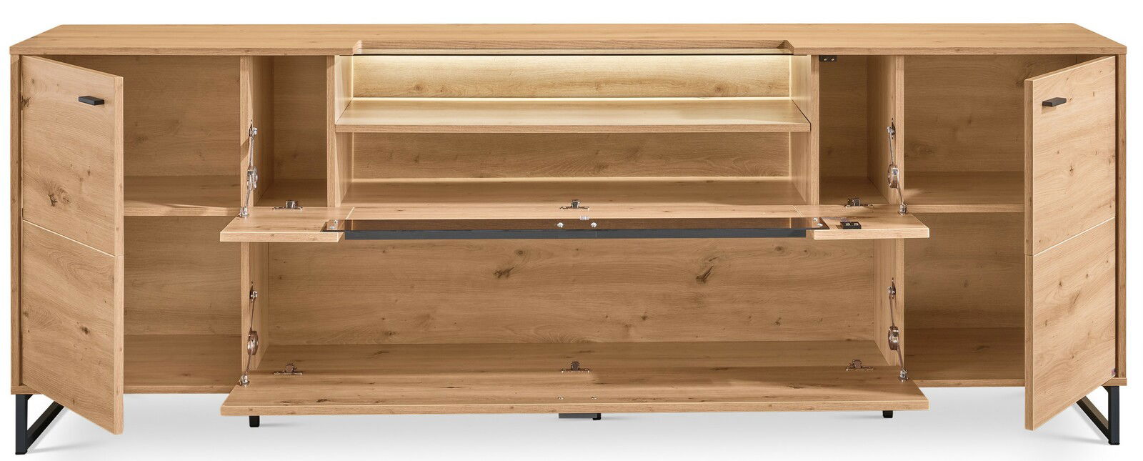 TV-Lowboard aus Holz mit offenen Türen und Fächern, frontale Ansicht