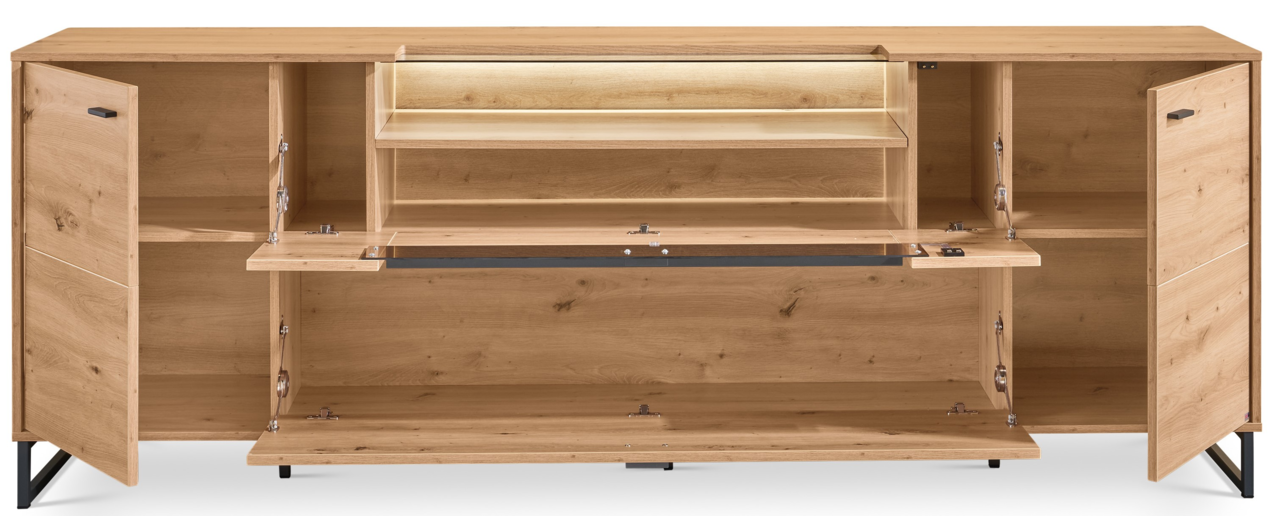 TV-Lowboard aus Holz mit offenen Türen und Fächern, frontale Ansicht