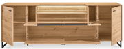 TV-Lowboard aus Holz mit offenen Türen und Fächern, frontale Ansicht