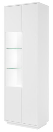 Weiße Vitrine mit Glaseinsatz, frontal fotografiert