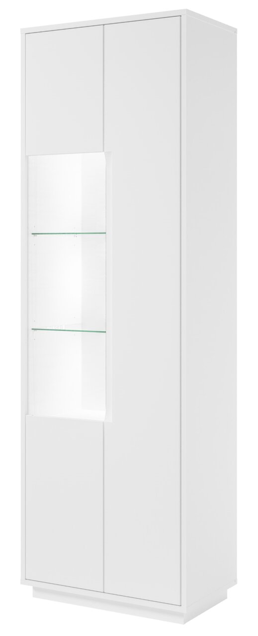 Weiße Vitrine mit Glaseinsatz, frontal fotografiert