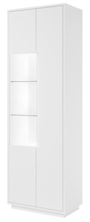 Weiße Vitrine mit Glaseinsatz, frontal fotografiert