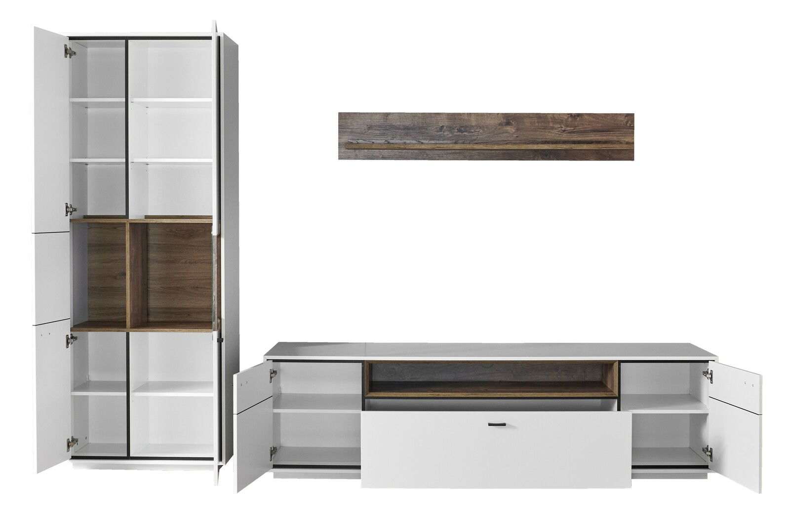 Moderne Wandkombination in Weiß und Holzoptik, bestehend aus einem hohen Schrank mit offenen Türen und einem niedrigen TV-Schrank, frontal betrachtet.