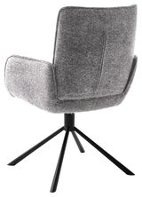 Rückansicht eines grauen Armlehnstuhls mit schwarzem Metallgestell