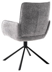 Rückansicht eines grauen Armlehnstuhls mit schwarzem Metallgestell