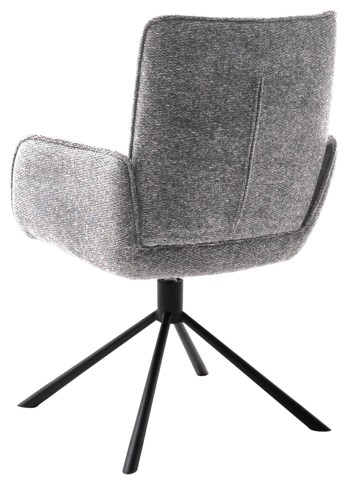 Rückansicht eines grauen Armlehnstuhls mit schwarzem Metallgestell
