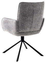 Achterkant van een grijze fauteuil met een zwart metalen frame