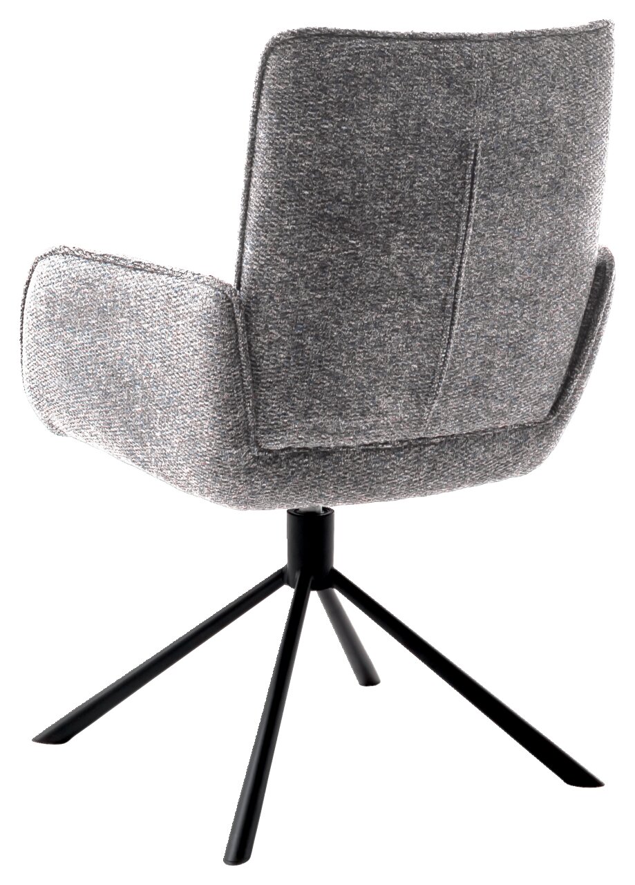 Achterkant van een grijze fauteuil met een zwart metalen frame