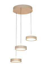 Moderne LED-Hängeleuchte mit drei runden, beige-farbenen Leuchtelementen, die an dünnen Kabeln von einer runden Deckenhalterung hängen. Seitenansicht.