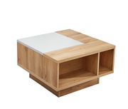 Moderner Couchtisch VAN COUVER aus Holz mit weißer Tischplatte, seitliche Perspektive