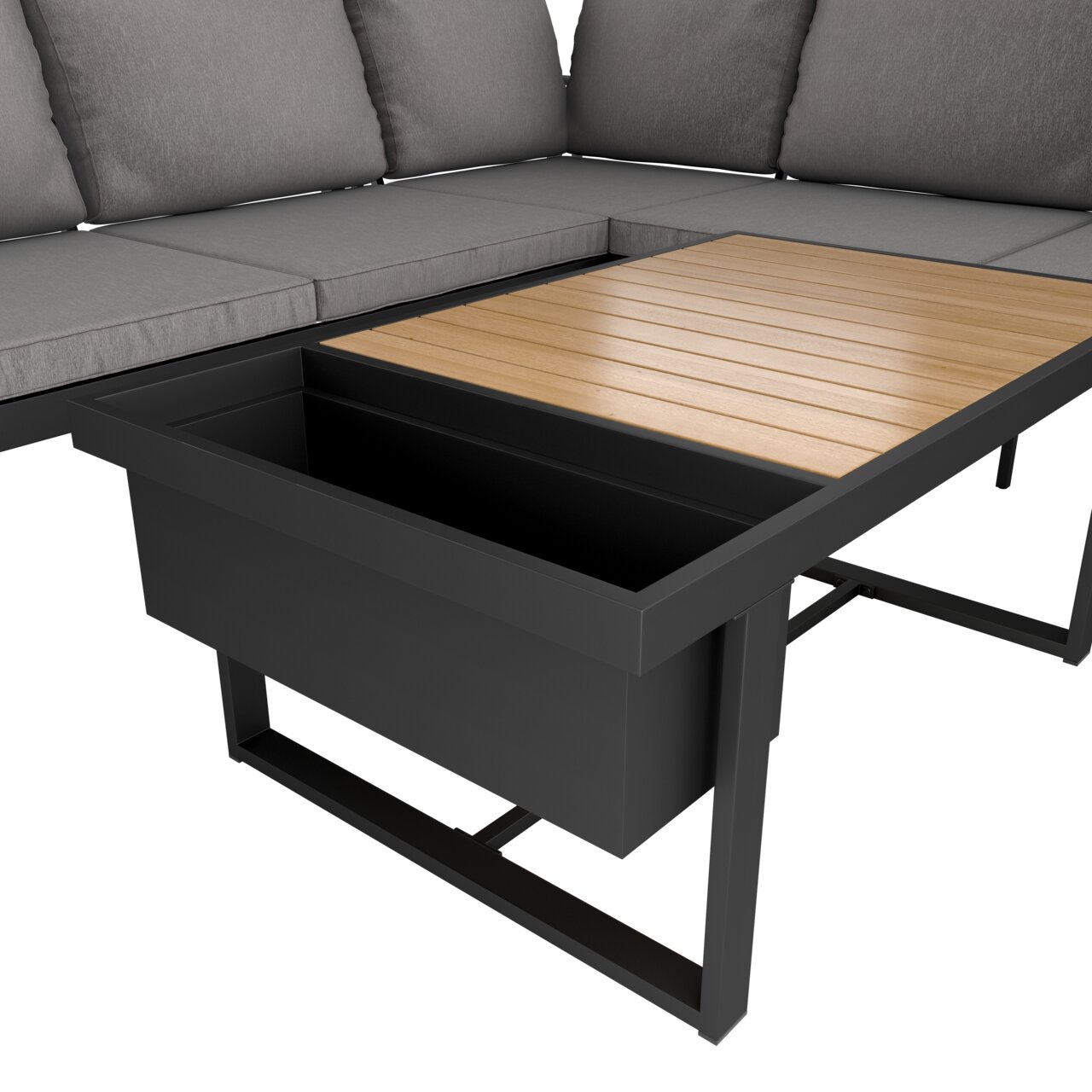 Lounge-Set mit grauen Kissen und einem Tisch mit Holzplatte, seitliche Perspektive