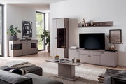 Modernes Wohnzimmer mit hellgrauer Wohnwand (TV-Lowboard, Vitrine und Sideboard) sowie passendem Couchtisch, frontal in leichter Schrägansicht von links fotografiert