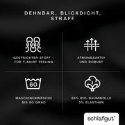 Spannbettlaken aus dehnbarem, blickdichtem und straffem Material, bestehend aus 95% Bio-Baumwolle und 5% Elasthan, geeignet für Maschinenwäsche bis 60 Grad. Perspektive: Nahaufnahme der Materialeigenschaften und Pflegehinweise.