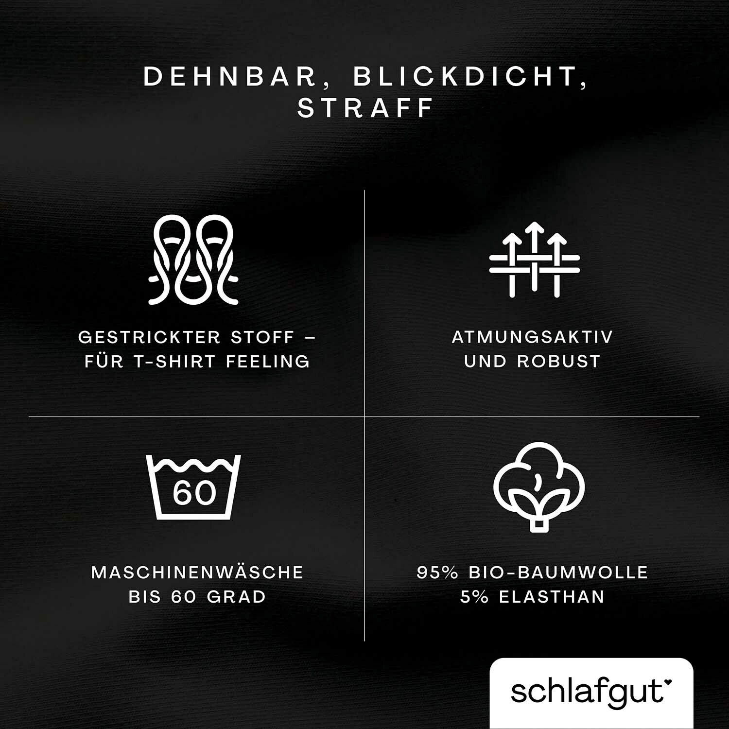 Spannbettlaken aus dehnbarem, blickdichtem und straffem Material, bestehend aus 95% Bio-Baumwolle und 5% Elasthan, geeignet für Maschinenwäsche bis 60 Grad. Perspektive: Nahaufnahme der Materialeigenschaften und Pflegehinweise.