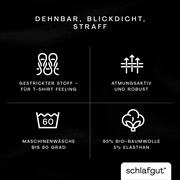 Spannbettlaken aus dehnbarem, blickdichtem und straffem Material, bestehend aus 95% Bio-Baumwolle und 5% Elasthan, geeignet für Maschinenwäsche bis 60 Grad. Perspektive: Nahaufnahme der Materialeigenschaften und Pflegehinweise.