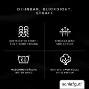 Spannbettlaken aus dehnbarem, blickdichtem und straffem Material, bestehend aus 95% Bio-Baumwolle und 5% Elasthan, geeignet für Maschinenwäsche bis 60 Grad. Perspektive: Nahaufnahme der Materialeigenschaften und Pflegehinweise.