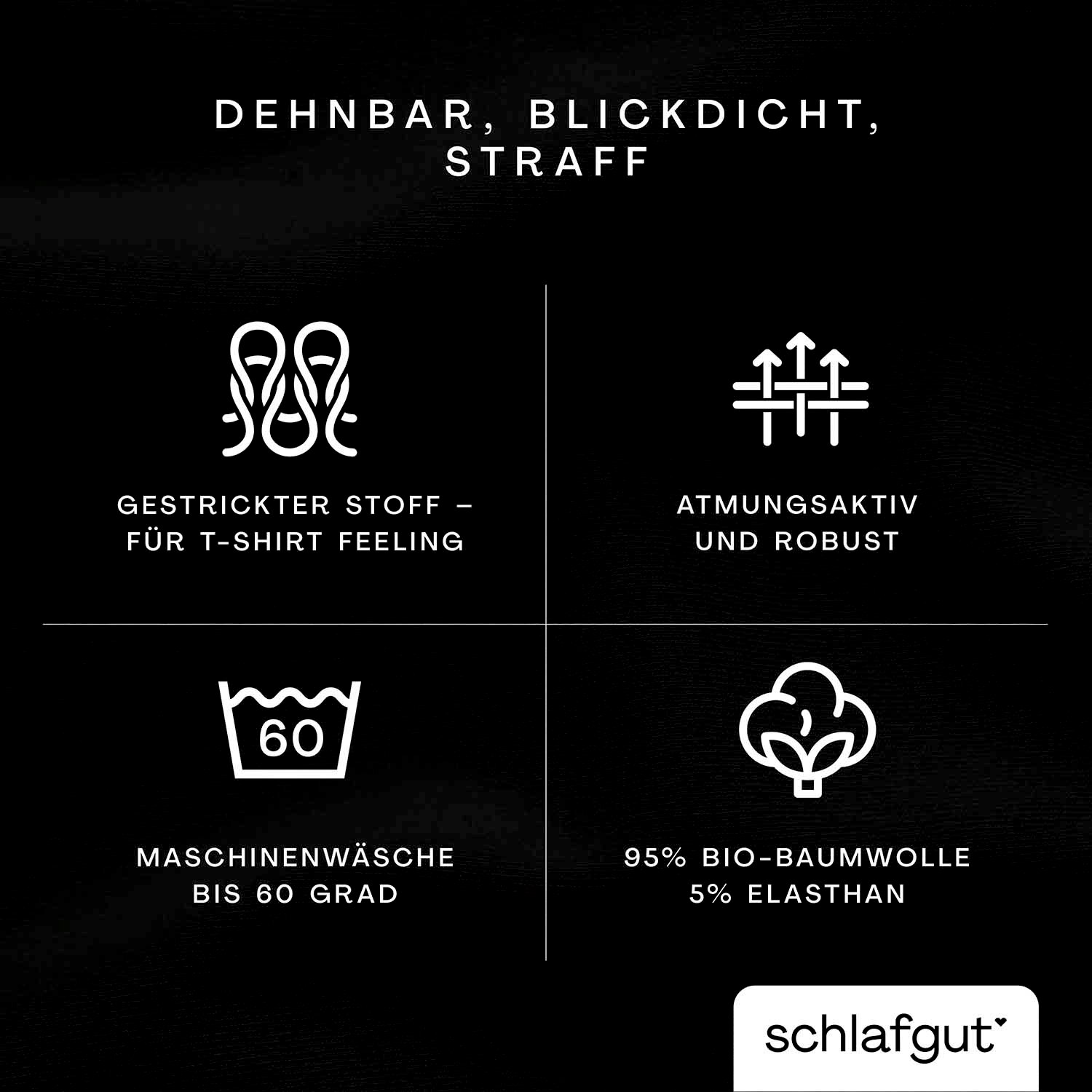 Hoeslaken van rekbaar, ondoorzichtig en strak materiaal, bestaande uit 95% biologisch katoen en 5% elastaan, geschikt voor machinewas tot 60 graden. Beeld: close-up van de materiaaleigenschappen en wasvoorschriften.