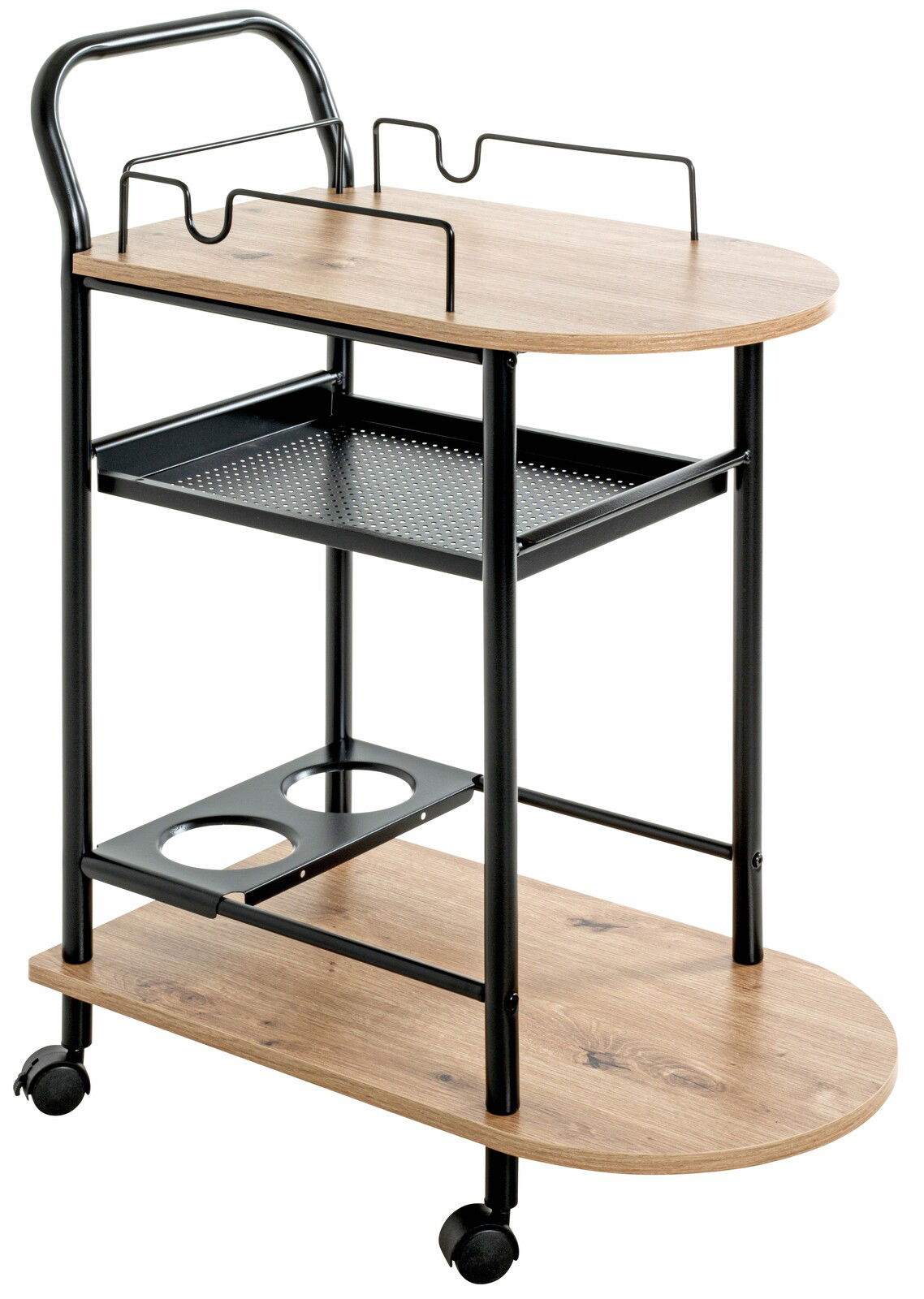 Küchenwagen auf Rollen mit zwei Holzablagen und einem Metallgitter, seitliche Perspektive