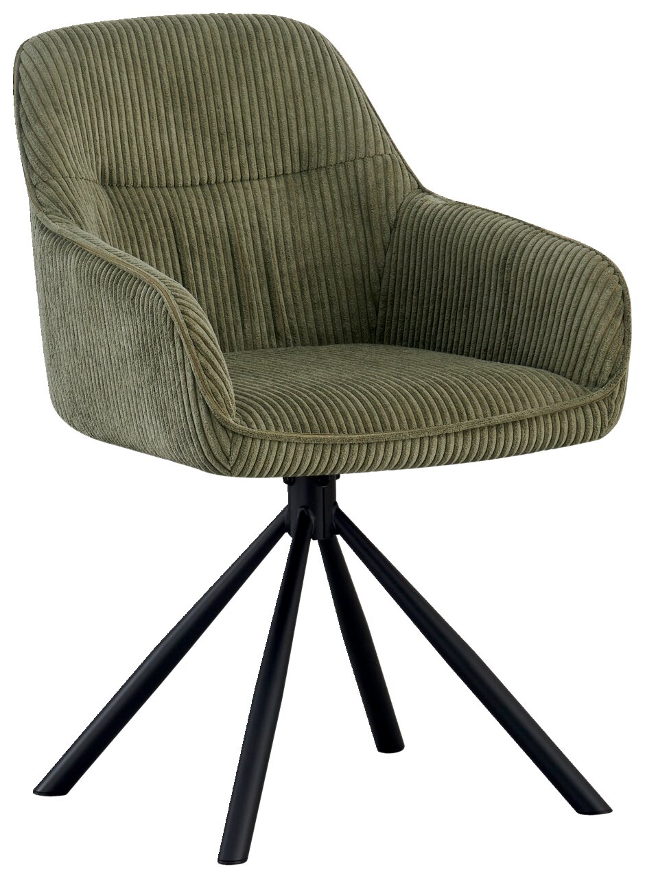 Grüner Armlehnstuhl mit geripptem Stoffbezug und schwarzem Metallgestell, seitliche Perspektive