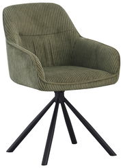 Grüner Armlehnstuhl mit geripptem Stoffbezug und schwarzem Metallgestell, seitliche Perspektive