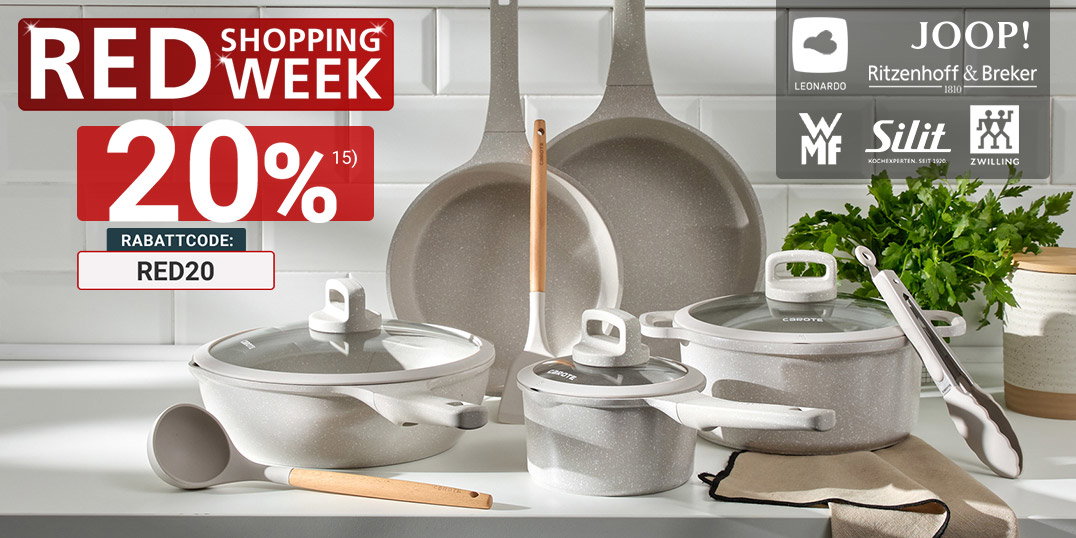 Grijze potten- en pannenset met keukengerei tijdens de RED Shopping Week op een keukenblok. (Door AI gegenereerd)
