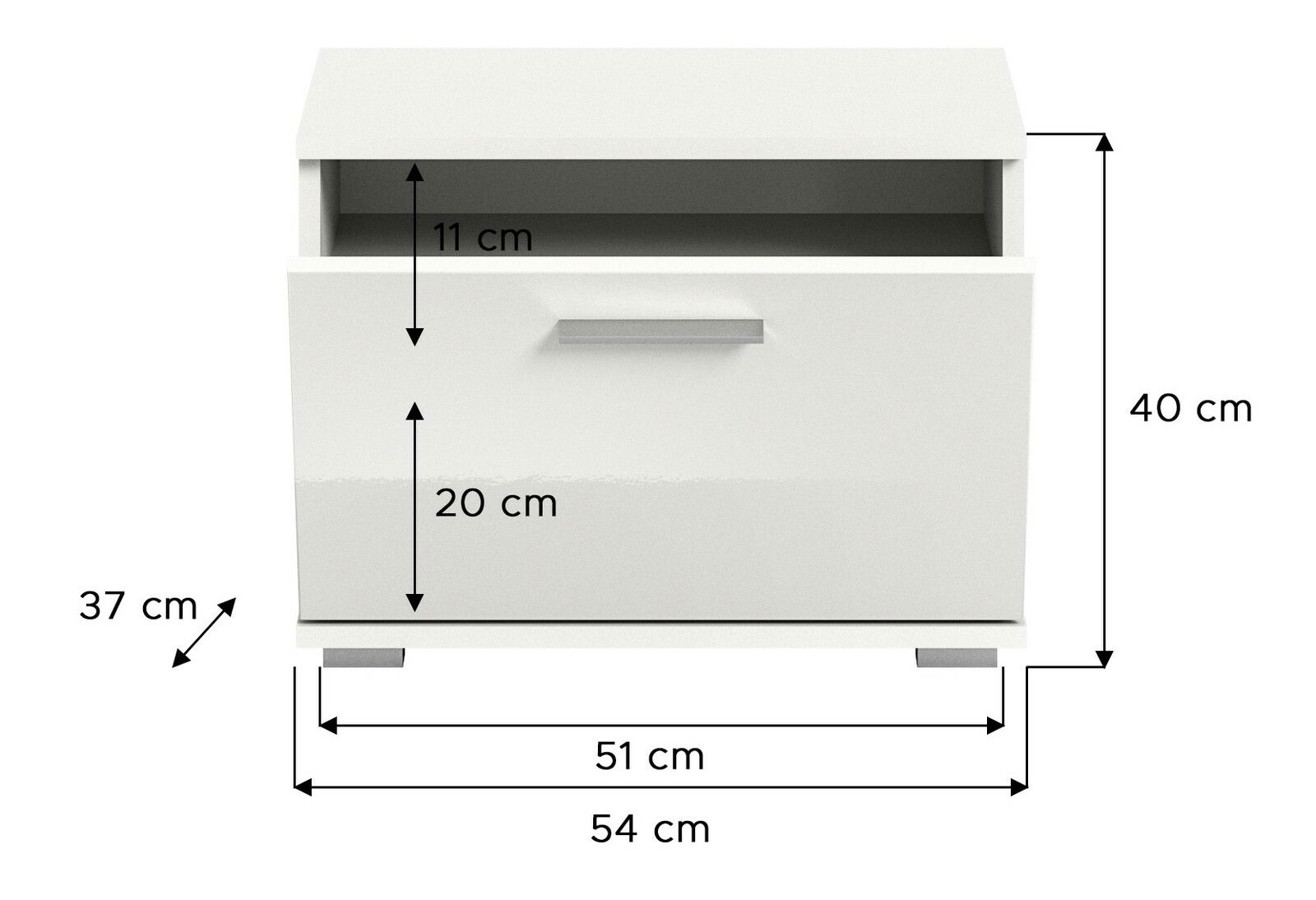 Weiße Kommode mit einer Schublade und einem offenen Fach, Frontansicht, Maße: 54 cm Breite, 40 cm Höhe, 37 cm Tiefe.